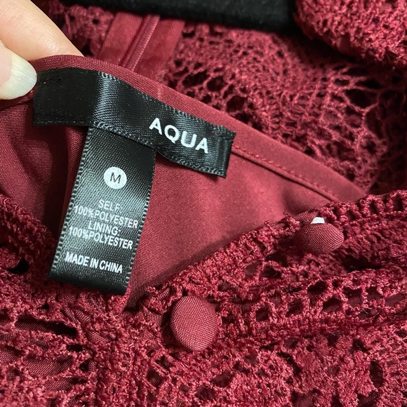 Aqua NWT Lace Button Front Long Sleeve Mock Neck Mini Dress Burgundy Medium New - Picture 10 of 12
